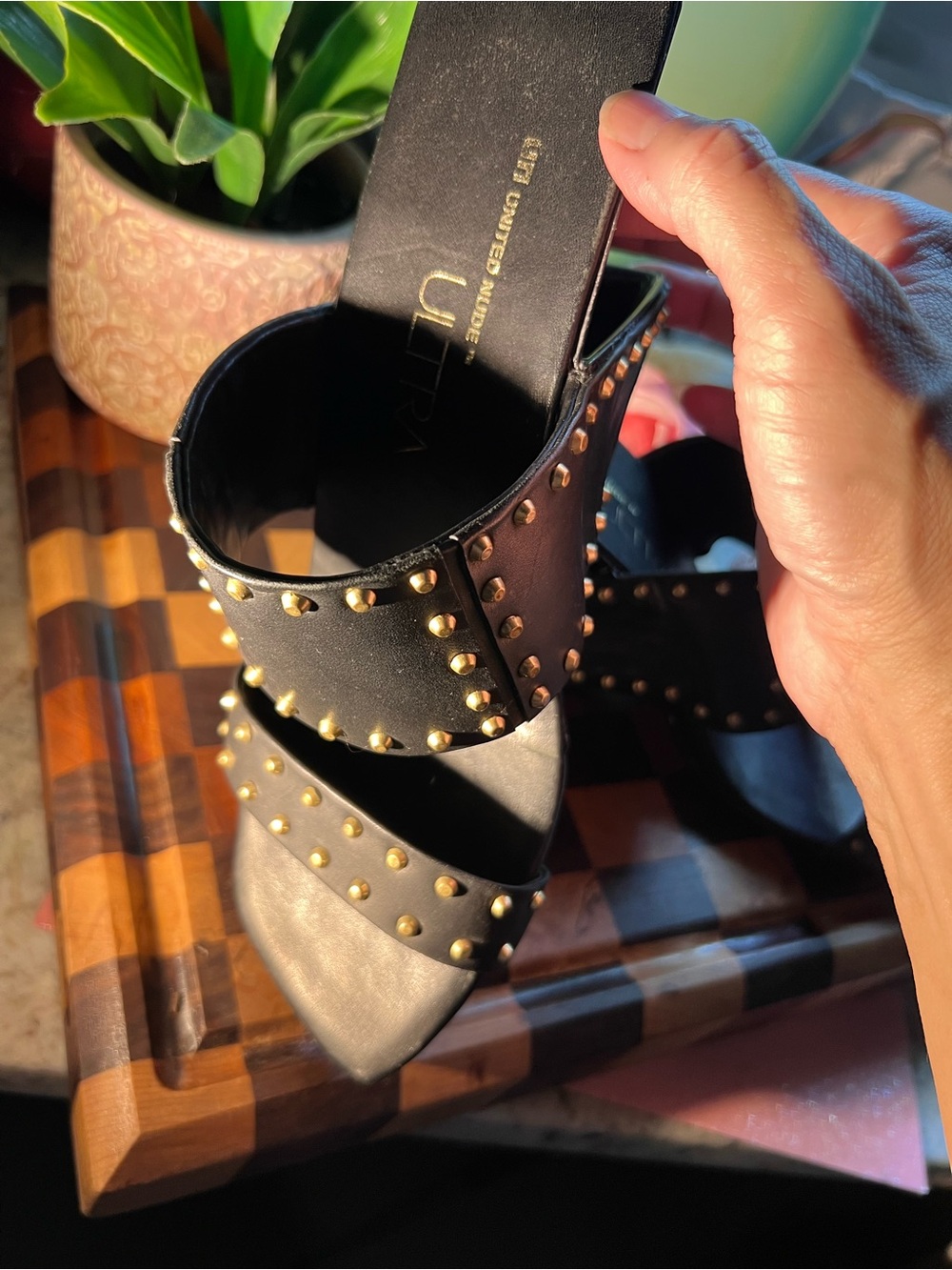 high style, United Nude Black w/ Gold Studs Two-Strap Heels - Picture 5 of 10